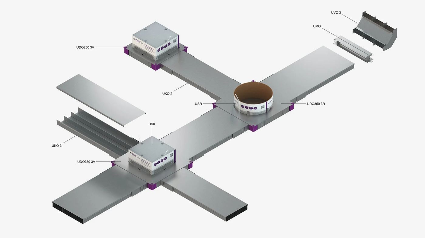 Sistema de canalización bajo suelo UKO con accesorios y derivaciones para instalaciones eléctricas