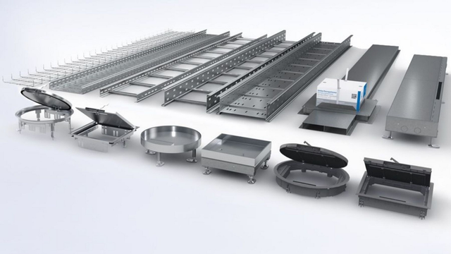 Gama de productos PohlCon con bandejas portacables, canales bajo suelo y accesorios para instalaciones técnicas