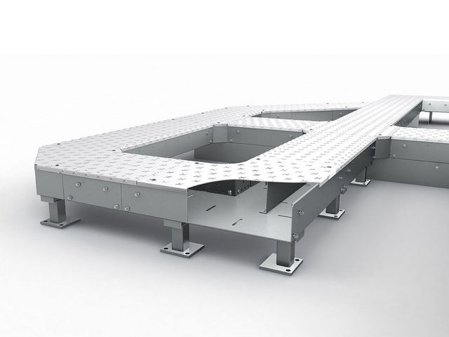 Sistema de canales pisables industriales con soportes, tapas, accesorios y cambios de dirección para adaptarse a recorridos reales en planta. Sistema de canales pisables industriales con soportes, tapas y cambios de dirección
