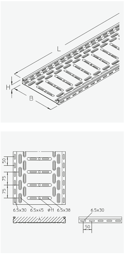 Dibujo técnico de bandeja portacables perforada con cotas de longitud, anchura y altura